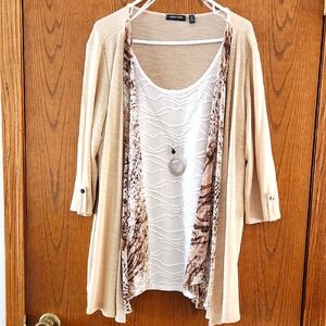 NWT Notations Misses Beige Cardigan with White/Brown layers Top Size Large